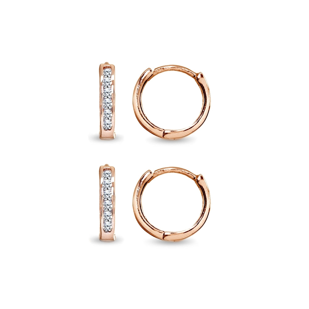 2 Pair Set Rose Gold Flash Sterling Silver Tiny Small 13mm Channel-set Cubic Zirconia Round Huggie Hoop Earrings