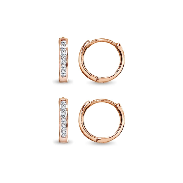 2 Pair Set Rose Gold Flash Sterling Silver Tiny Small 13mm Channel-set Cubic Zirconia Round Huggie Hoop Earrings
