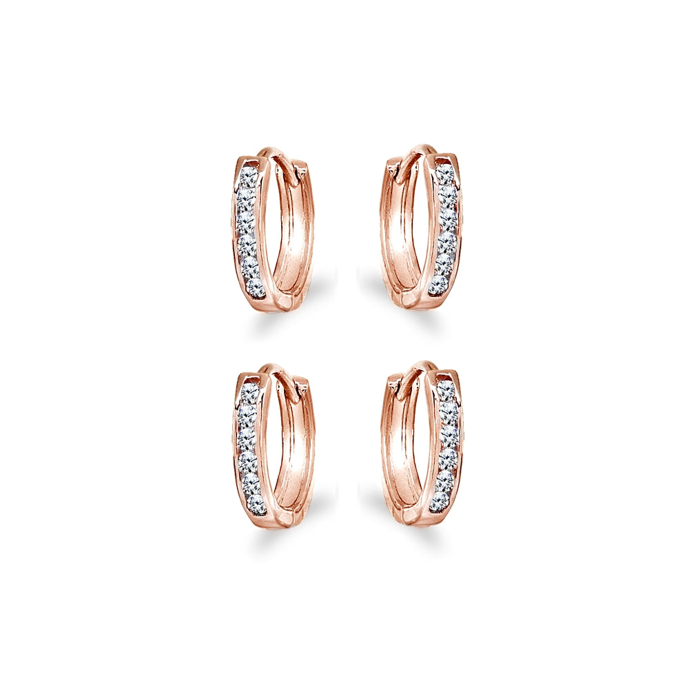 2 Pair Set Rose Gold Flash Sterling Silver Tiny Small 13mm Channel-set Cubic Zirconia Round Huggie Hoop Earrings-2