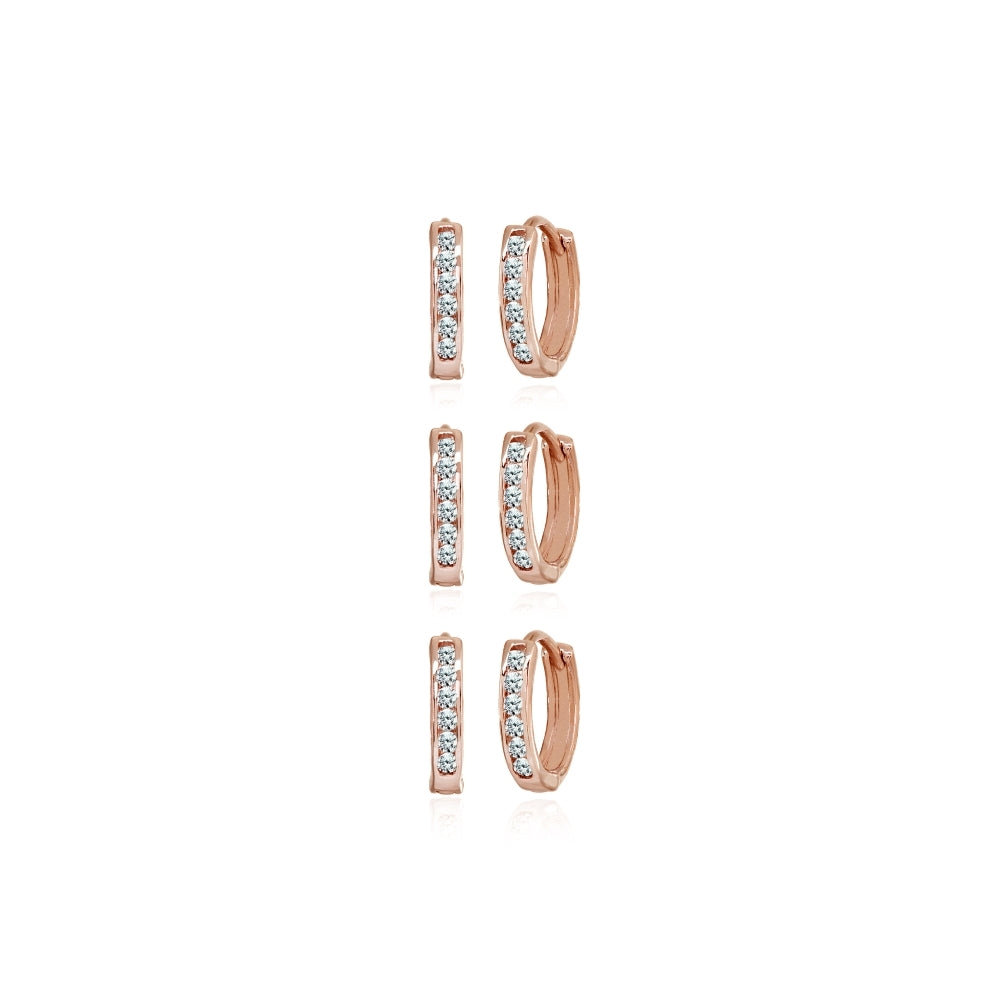 3 Pair Set Rose Gold Flash Sterling Silver Tiny Small 13mm Channel-set Cubic Zirconia Round Huggie Hoop Earrings