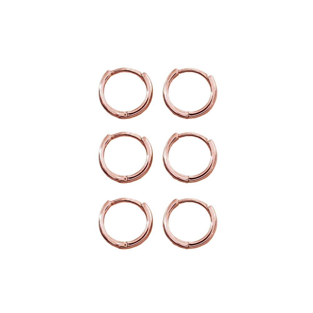 3 Pair Set Rose Gold Flash Sterling Silver Tiny Small 13mm Channel-set Cubic Zirconia Round Huggie Hoop Earrings-2