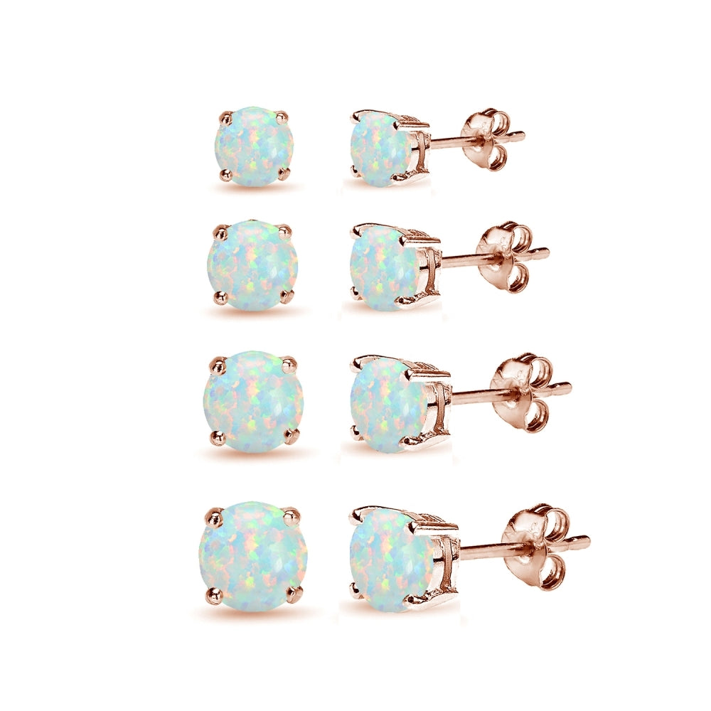 4 Pair Set Rose Gold Flash Sterling Silver Created White Opal Round Stud Earrings, 3mm 4mm 5mm 6mm
