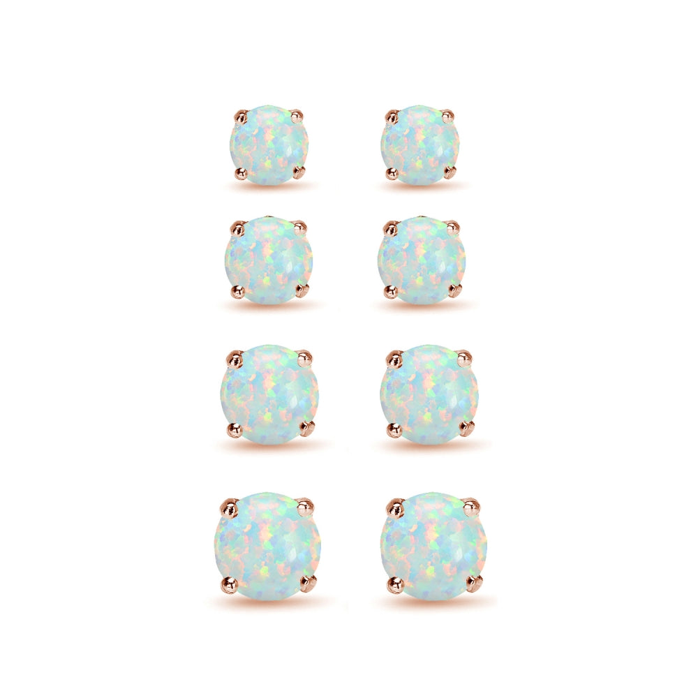 4 Pair Set Rose Gold Flash Sterling Silver Created White Opal Round Stud Earrings, 3mm 4mm 5mm 6mm-2