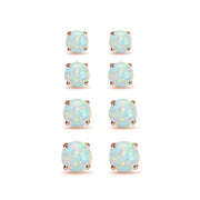 4 Pair Set Rose Gold Flash Sterling Silver Created White Opal Round Stud Earrings, 3mm 4mm 5mm 6mm