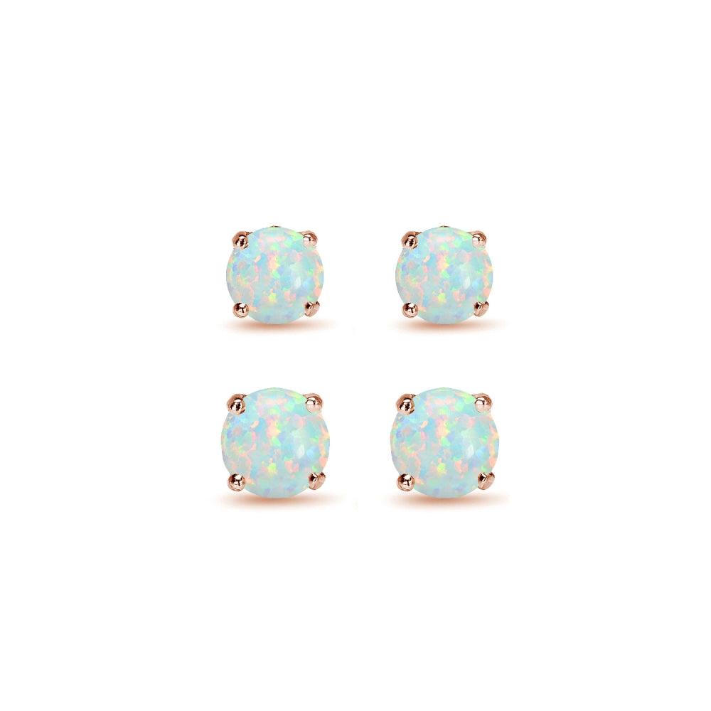 2 Pair Set Rose Gold Flash Sterling Silver Created White Opal Round Stud Earrings, 4mm 6mm-2