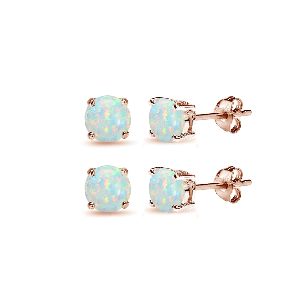 2 Pair Set Rose Gold Flash Sterling Silver 6mm Created White Opal Round Stud Earrings