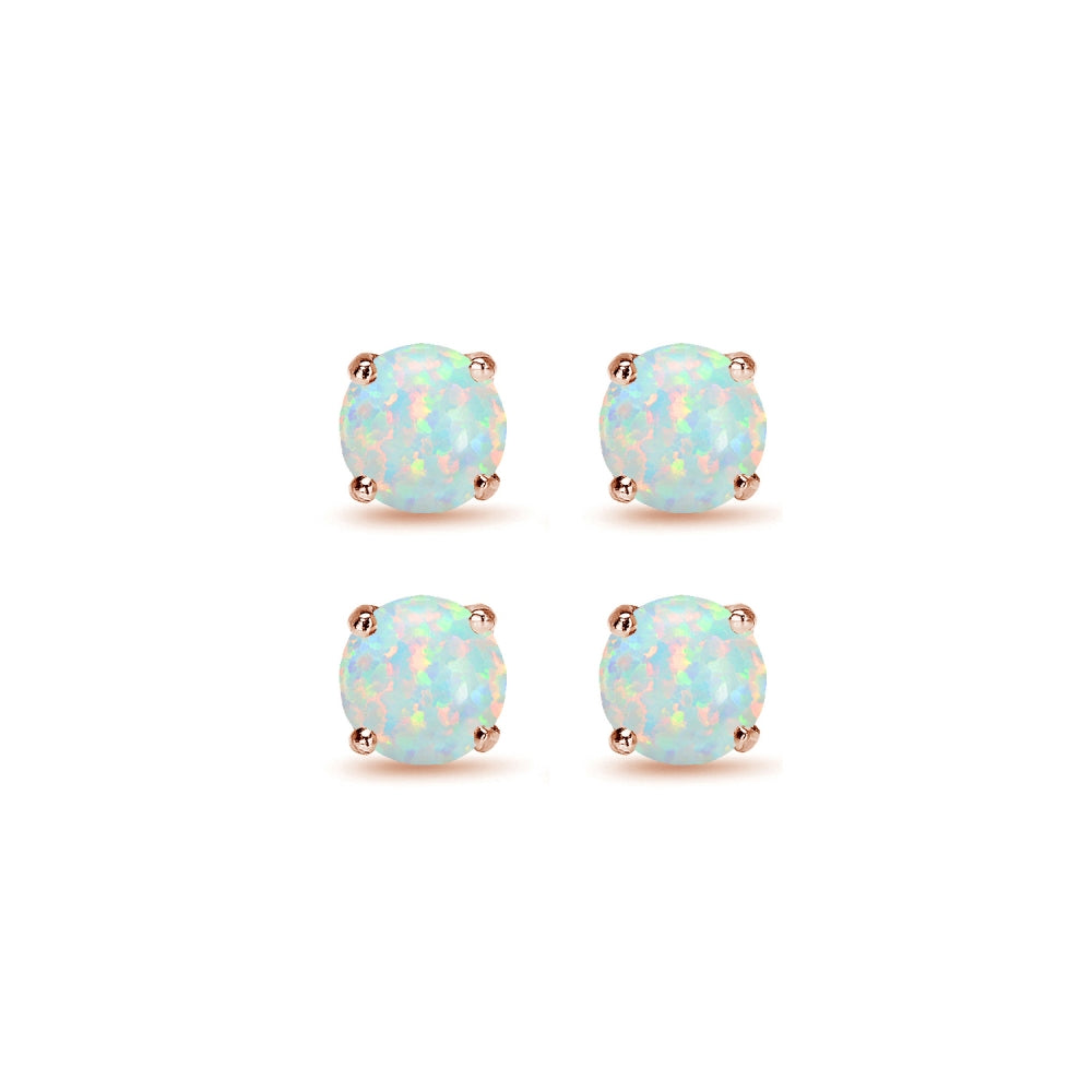 2 Pair Set Rose Gold Flash Sterling Silver 6mm Created White Opal Round Stud Earrings-2