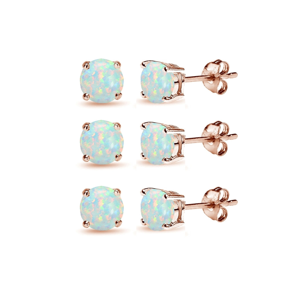 3 Pair Set Rose Gold Flash Sterling Silver 6mm Created White Opal Round Stud Earrings