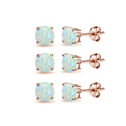 3 Pair Set Rose Gold Flash Sterling Silver 6mm Created White Opal Round Stud Earrings