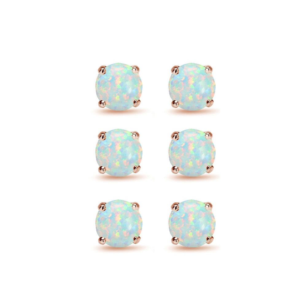 3 Pair Set Rose Gold Flash Sterling Silver 6mm Created White Opal Round Stud Earrings-2