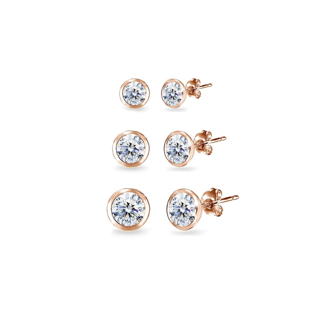 3-Pair Rose Gold Flash Sterling Silver Cubic Zirconia Bezel Solitiarie Round Stud Earrings Set Made with Swarovski Zirconia, 4mm 5mm 6mm