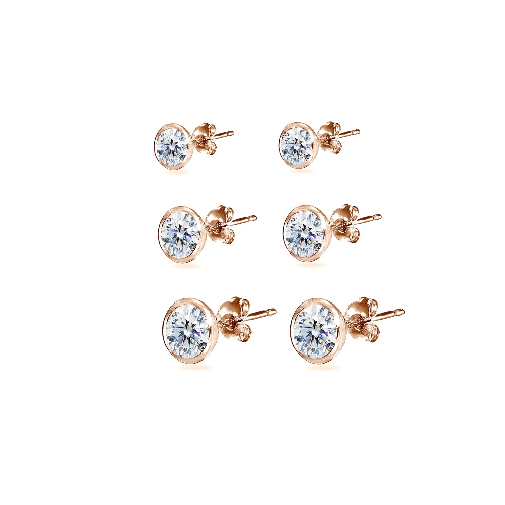 3-Pair Rose Gold Flash Sterling Silver Cubic Zirconia Bezel Solitiarie Round Stud Earrings Set Made with Swarovski Zirconia, 4mm 5mm 6mm-2