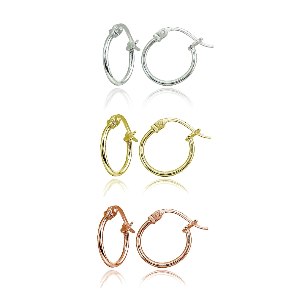3 Pair Set Sterling Silver, Yellow & Rose Gold Flashed Tiny Small 12mm High Polished Round Thin Lightweight Unisex Hoop Earrings