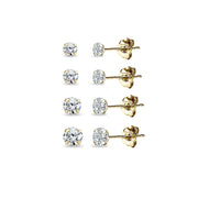 4 Pair Set 14K Yellow Gold Cubic Zirconia Round Stud Earrings, 2mm 3mm 4mm 5mm
