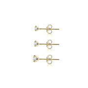 3 Pair Set 14K Yellow Gold Cubic Zirconia Round Stud Earrings, 3mm 4mm 5mm