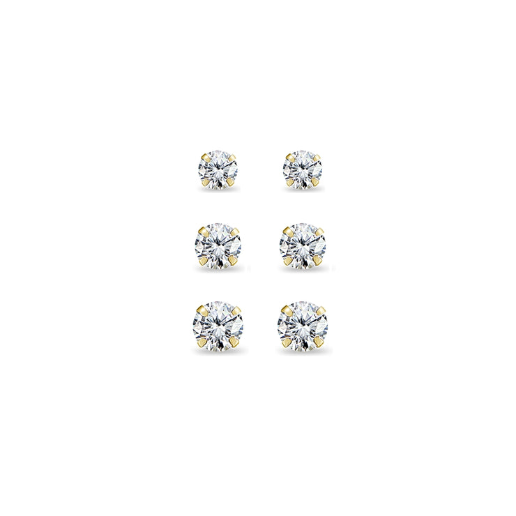 3 Pair Set 14K Yellow Gold Cubic Zirconia Round Stud Earrings, 3mm 4mm 5mm