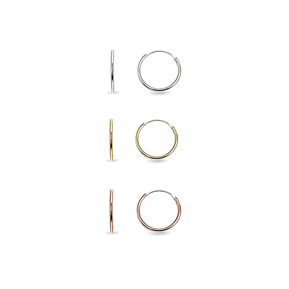 Sterling Silver Tri Color Set of Three Endless Hoop Earrings, 10mm