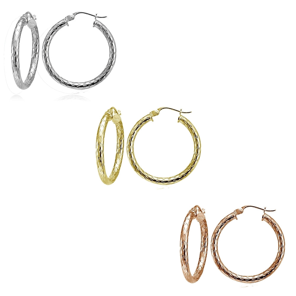 Sterling Silver Tri Color 2.5x25mm Diamond-Cut Polished Hoop Earrings Set of 3