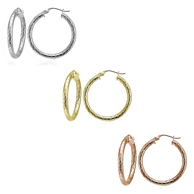 Sterling Silver Tri Color 2.5x25mm Diamond-Cut Polished Hoop Earrings Set of 3