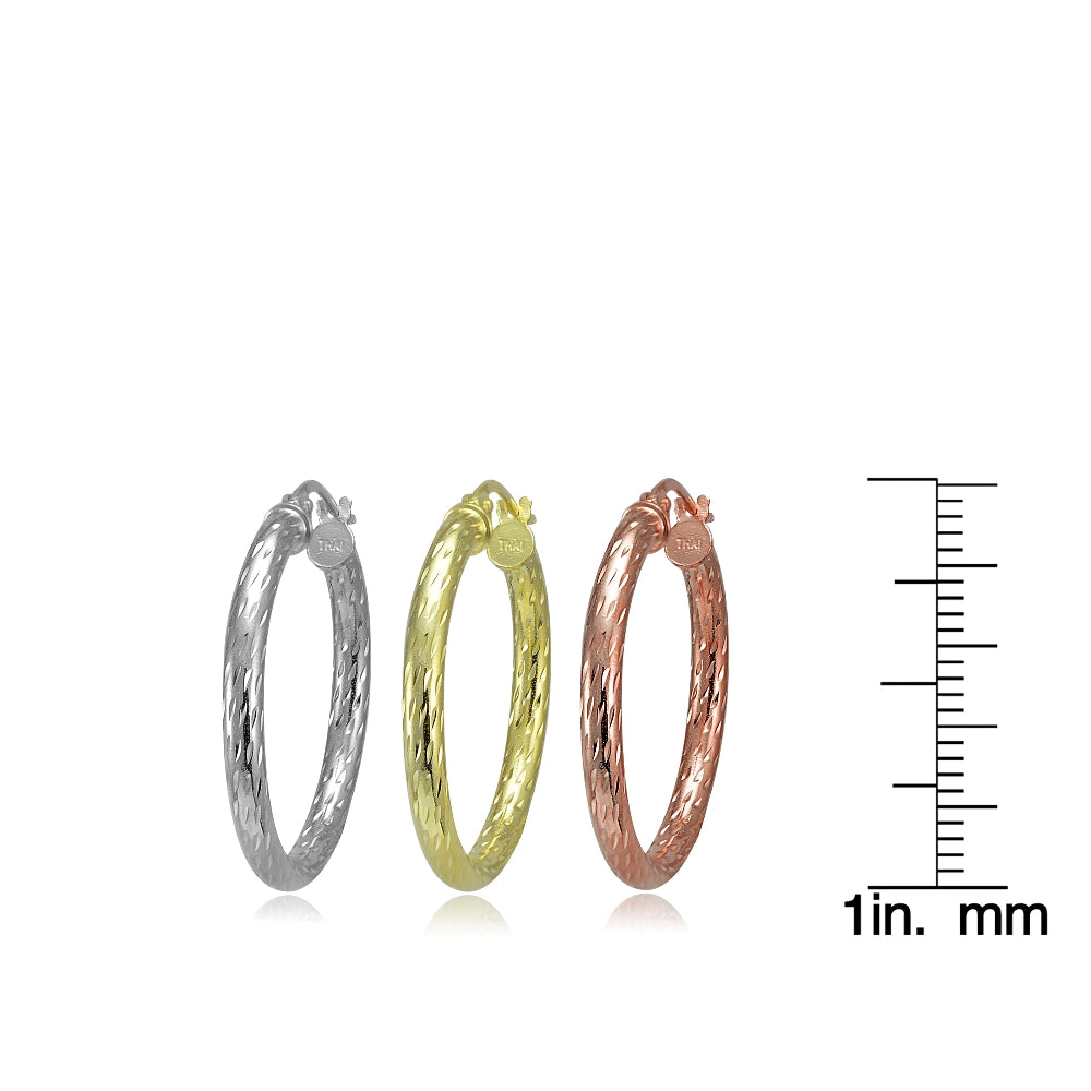 Sterling Silver Tri Color 2.5x25mm Diamond-Cut Polished Hoop Earrings Set of 3-2