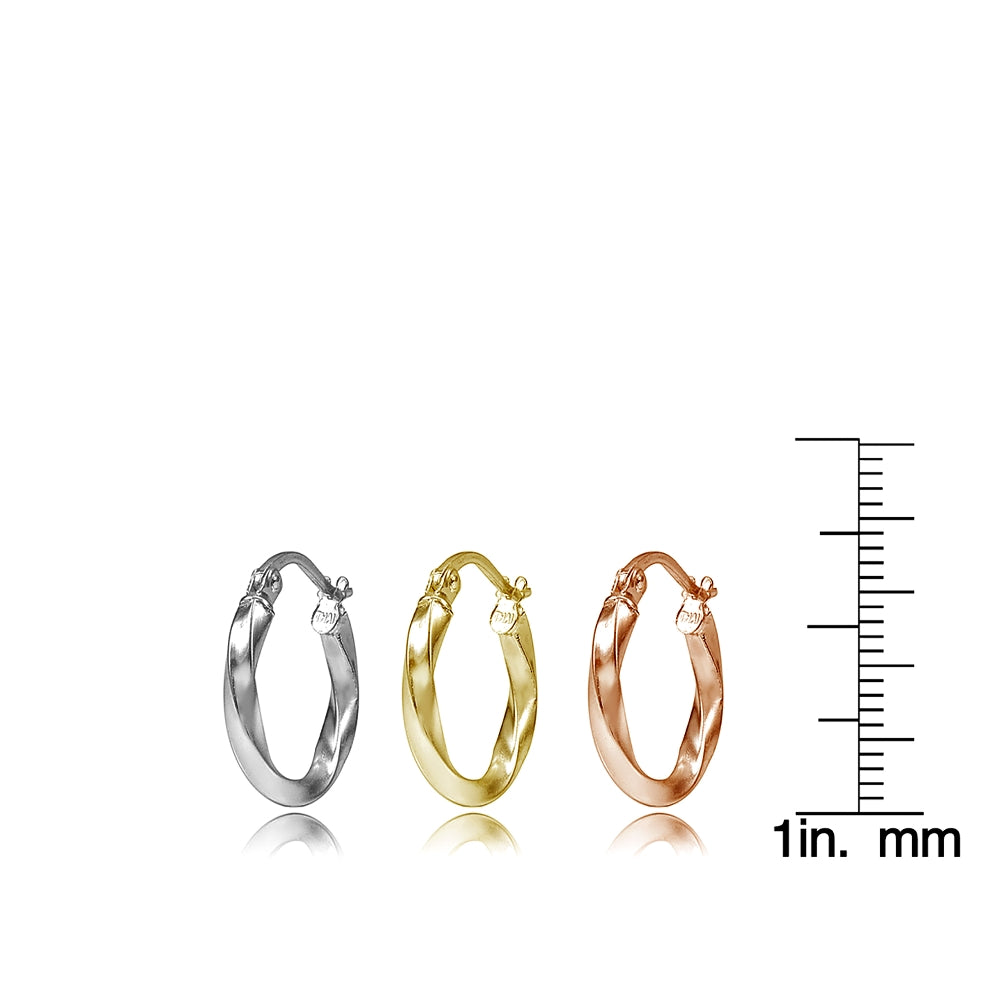 Sterling Silver Tri Color 2x15mm Twist Polished Hoop Earrings Set of 3-2