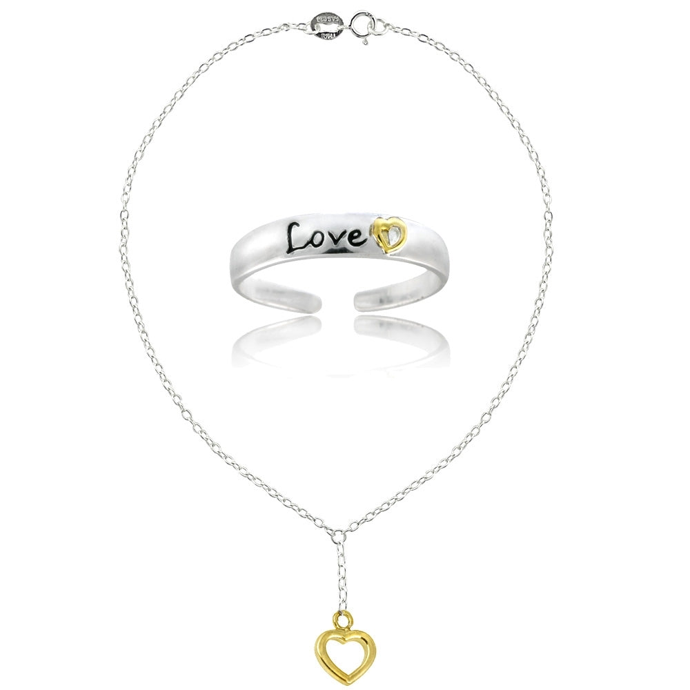 Sterling Silver Two-Tone Heart Love Anklet and Toe Ring Set