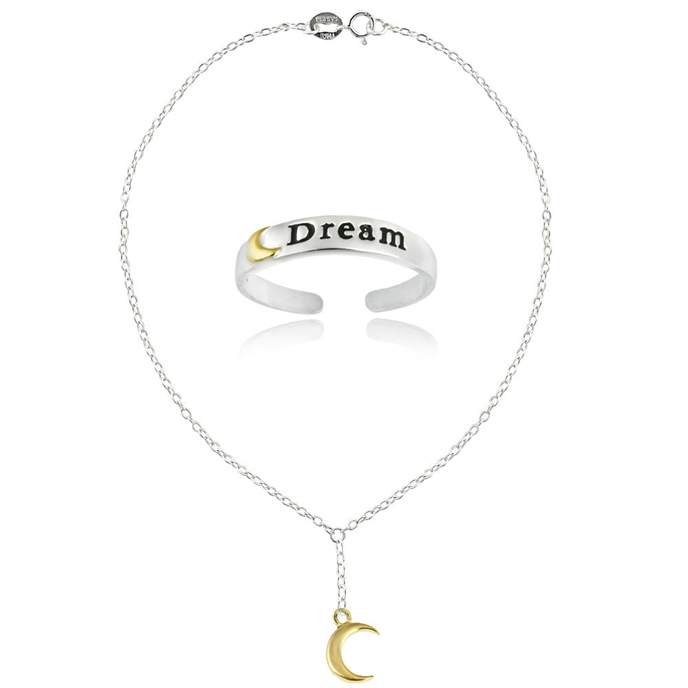 Sterling Silver Two-Tone Moon Dream Anklet and Toe Ring Set