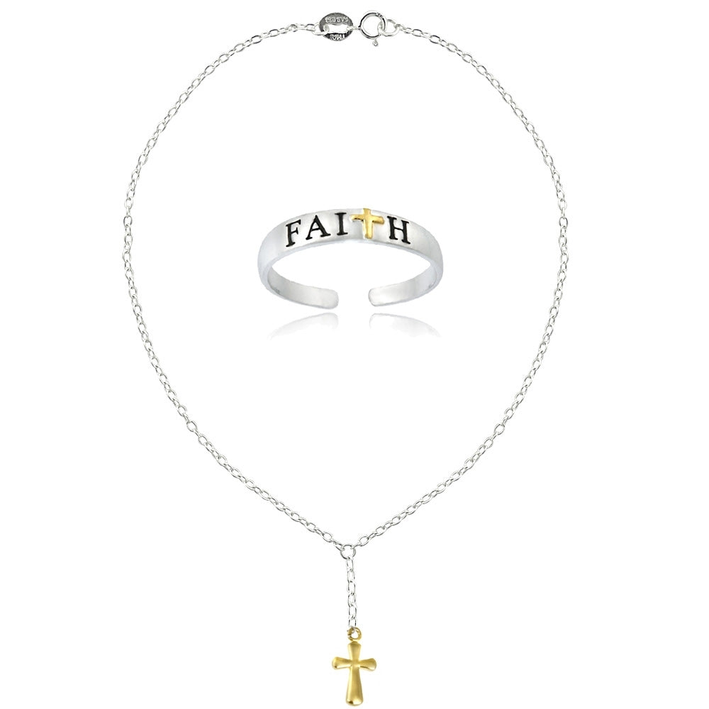Sterling Silver Two-Tone Cross Faith Anklet and Toe Ring Set