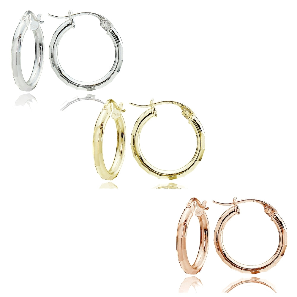 Sterling Silver Tri Color 2x15mm Polished Hammered Design Hoop Earrings, Set of 3