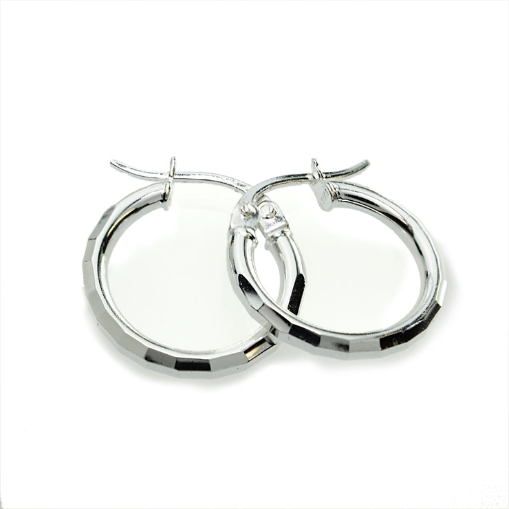 Sterling Silver Tri Color 2x15mm Polished Hammered Design Hoop Earrings, Set of 3