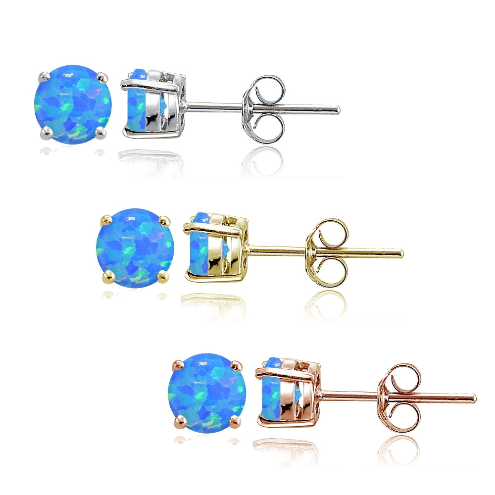 Sterling Silver, Gold Tone and Rose Gold Tone Created Blue Opal 4mm Round Earrings Set of 3