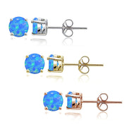 Sterling Silver, Gold Tone and Rose Gold Tone Created Blue Opal 4mm Round Earrings Set of 3