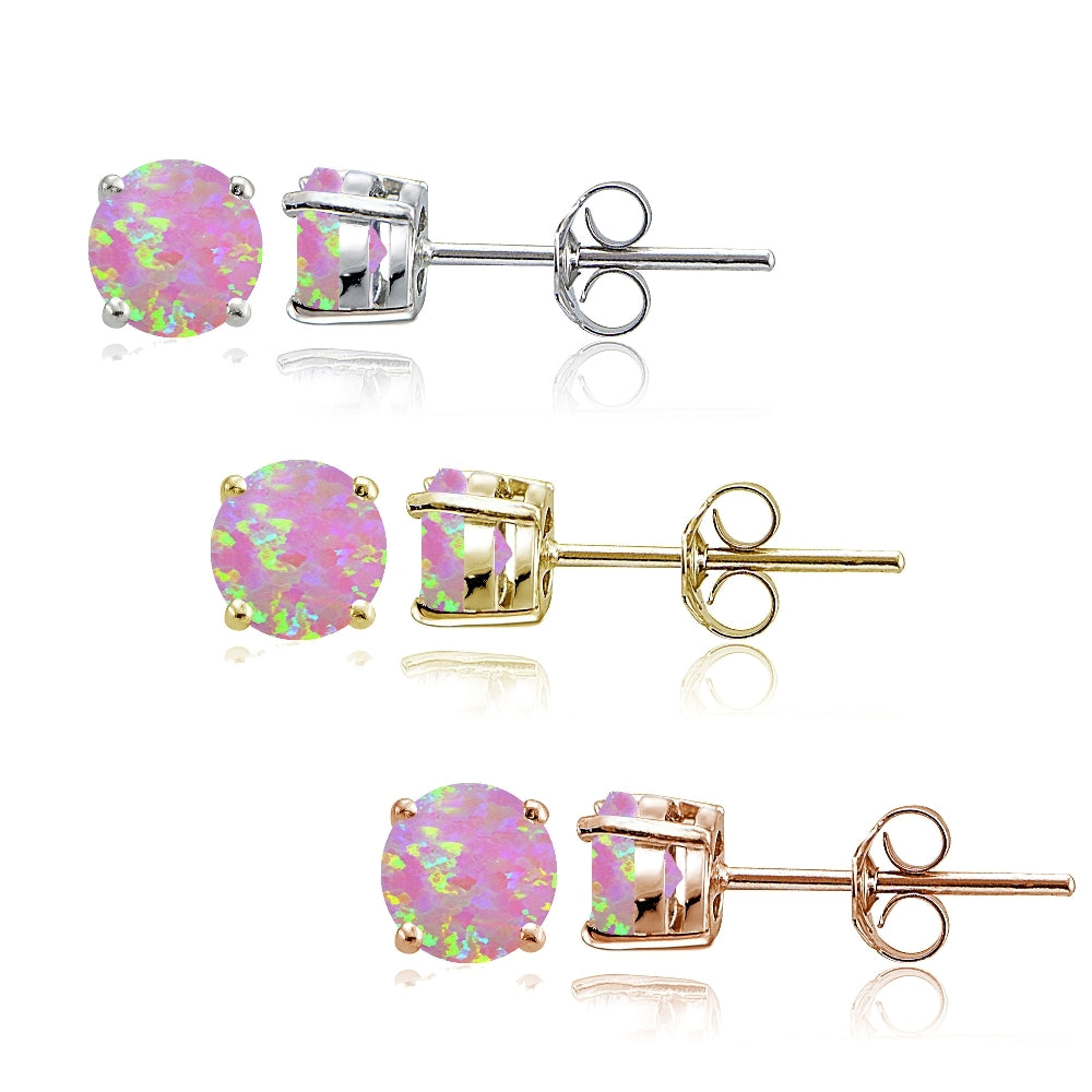 Sterling Silver, Gold Tone and Rose Gold Tone Created Pink Opal 4mm Round Earrings Set of 3