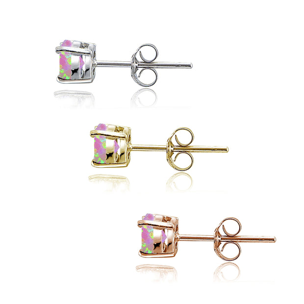 Sterling Silver, Gold Tone and Rose Gold Tone Created Pink Opal 4mm Round Earrings Set of 3