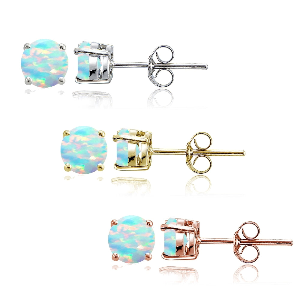 Sterling Silver, Gold Tone and Rose Gold Tone Created White Opal 4mm Round Earrings Set of 3