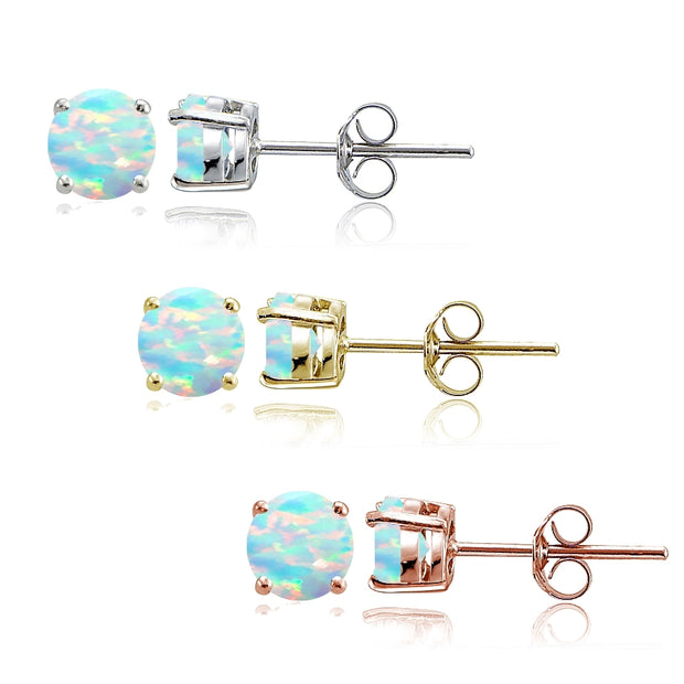 Sterling Silver, Gold Tone and Rose Gold Tone Created White Opal 4mm Round Earrings Set of 3