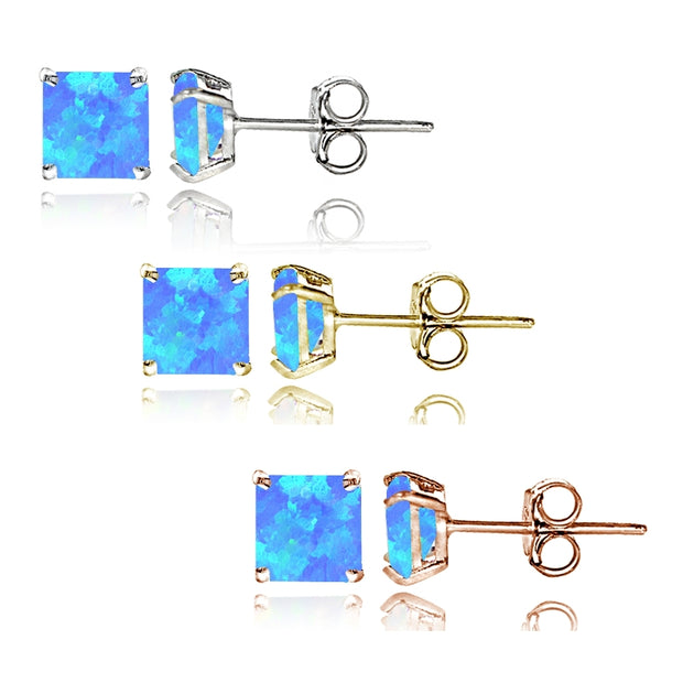 Sterling Silver Tri Color Created Blue Opal 4mm Square Earrings Set of 3