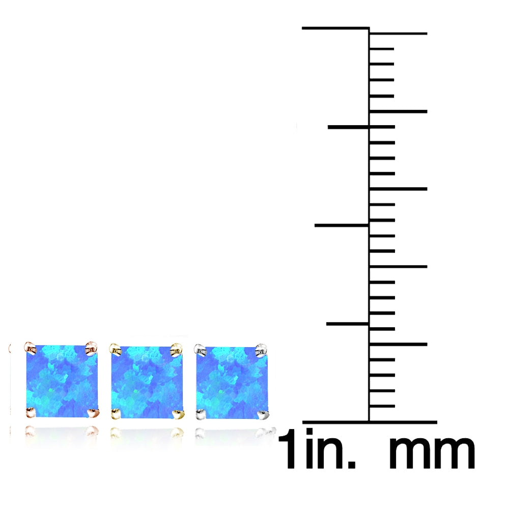 Sterling Silver Tri Color Created Blue Opal 4mm Square Earrings Set of 3-4