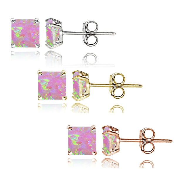 Sterling Silver Tri Color Created Pink Opal 4mm Square Earrings Set of 3