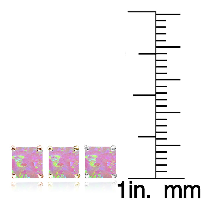 Sterling Silver Tri Color Created Pink Opal 4mm Square Earrings Set of 3