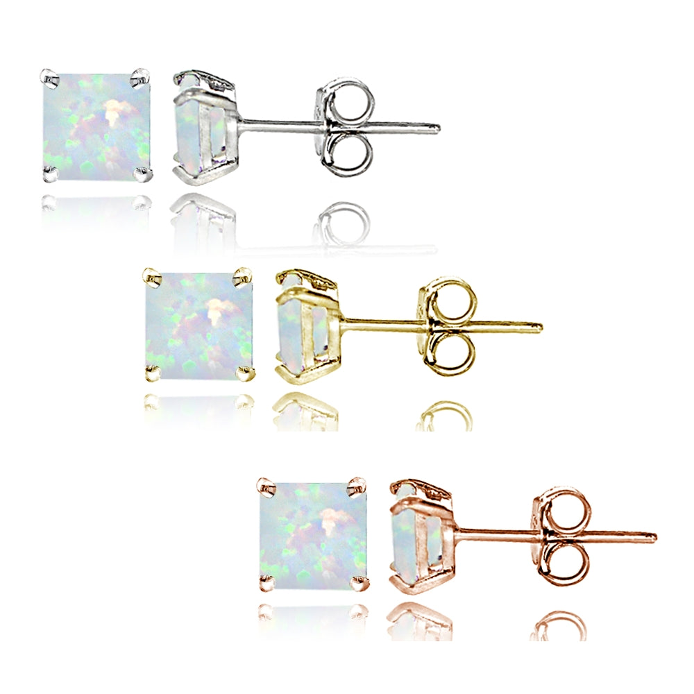 Sterling Silver Tri Color Created White Opal 4mm Square Earrings Set of 3-2