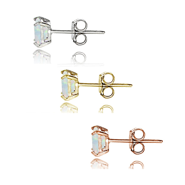Sterling Silver Tri Color Created White Opal 4mm Square Earrings Set of 3