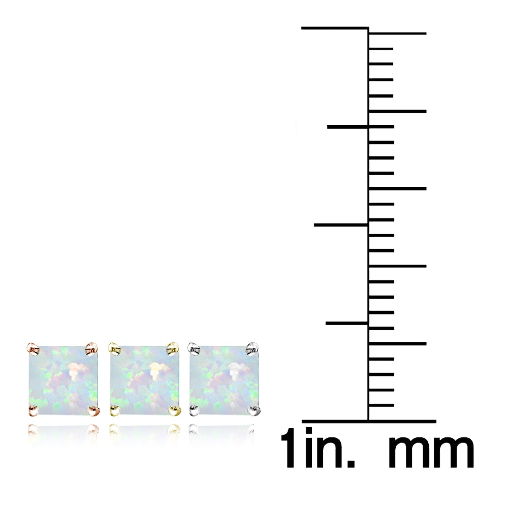Sterling Silver Tri Color Created White Opal 4mm Square Earrings Set of 3-4