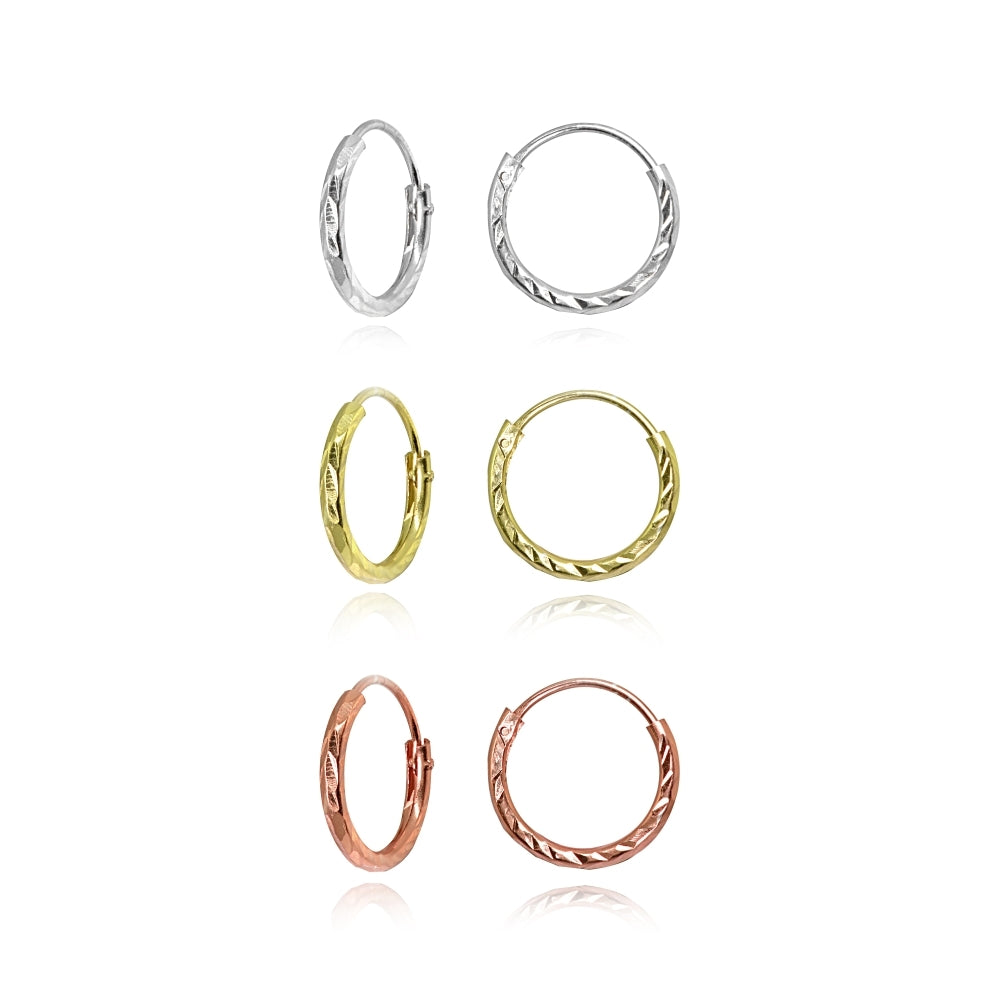 3 Pair Set Sterling Silver Tri-Color Diamond-Cut Tiny Small Endless 10mm Thin Round Unisex Hoop Earrings