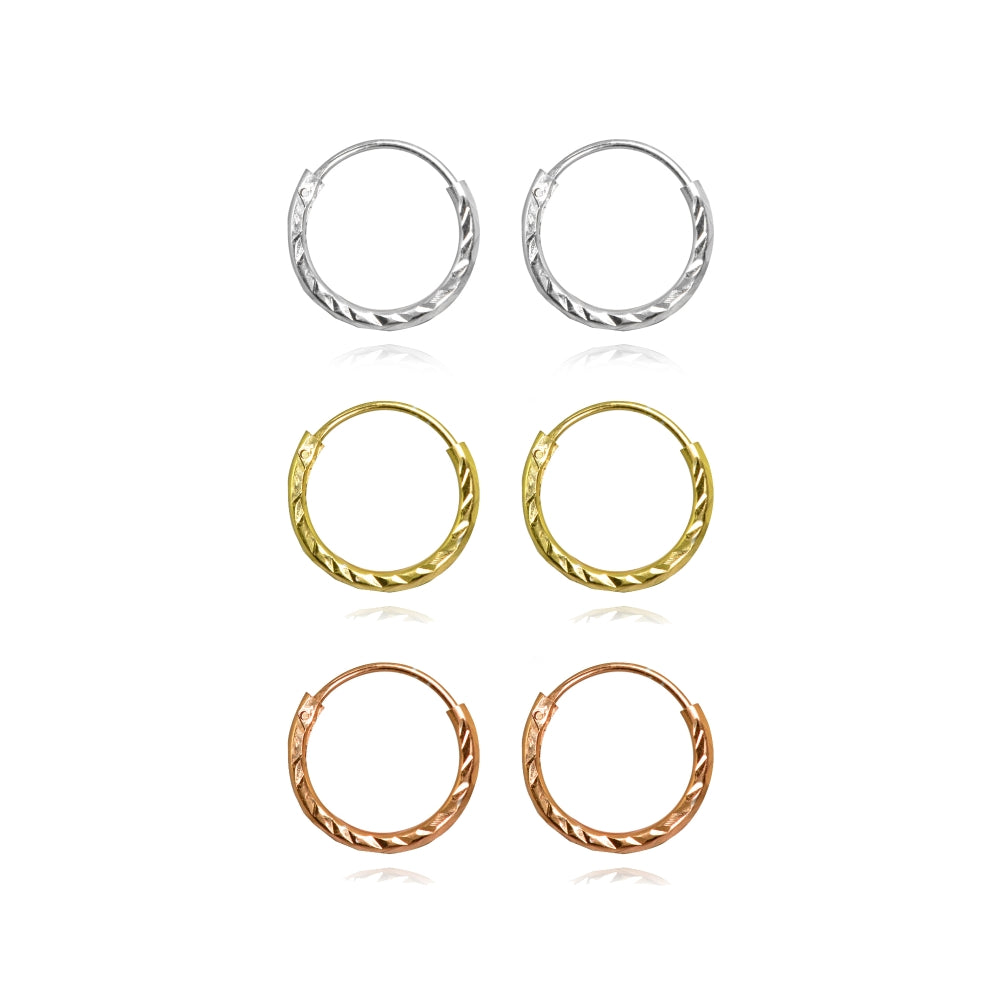 3 Pair Set Sterling Silver Tri-Color Diamond-Cut Tiny Small Endless 10mm Thin Round Unisex Hoop Earrings-2