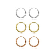 3 Pair Set Sterling Silver Tri-Color Diamond-Cut Tiny Small Endless 10mm Thin Round Unisex Hoop Earrings