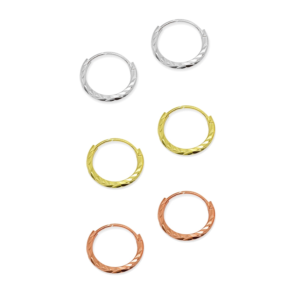 3 Pair Set Sterling Silver Tri-Color Diamond-Cut Tiny Small Endless 10mm Thin Round Unisex Hoop Earrings-3