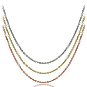 Sterling Silver, Gold Flash and Rose Gold Flash Thin 1mm Rolo Cable Chain Necklace Set, 16 Inches