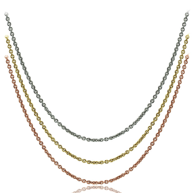 Sterling Silver, Gold Flash and Rose Gold Flash Thin 1mm Rolo Cable Chain Necklace Set, 20 Inches
