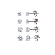 4 Pair Set 14K White Gold Cubic Zirconia Round Stud Earrings, 2mm 3mm 4mm 5mm
